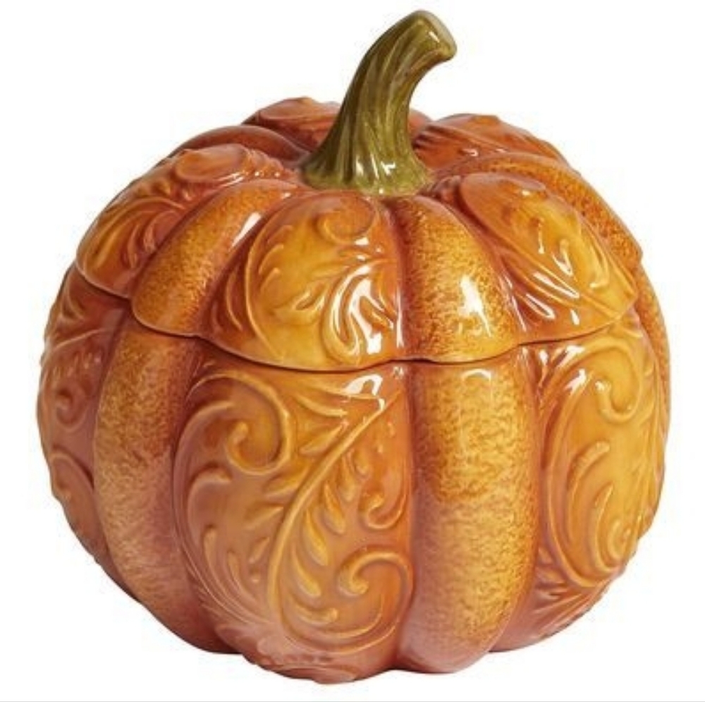 Pier 1 Hand Painted Pumpkin Covered Bowl Orange Ceramic Candy Dish Decorative